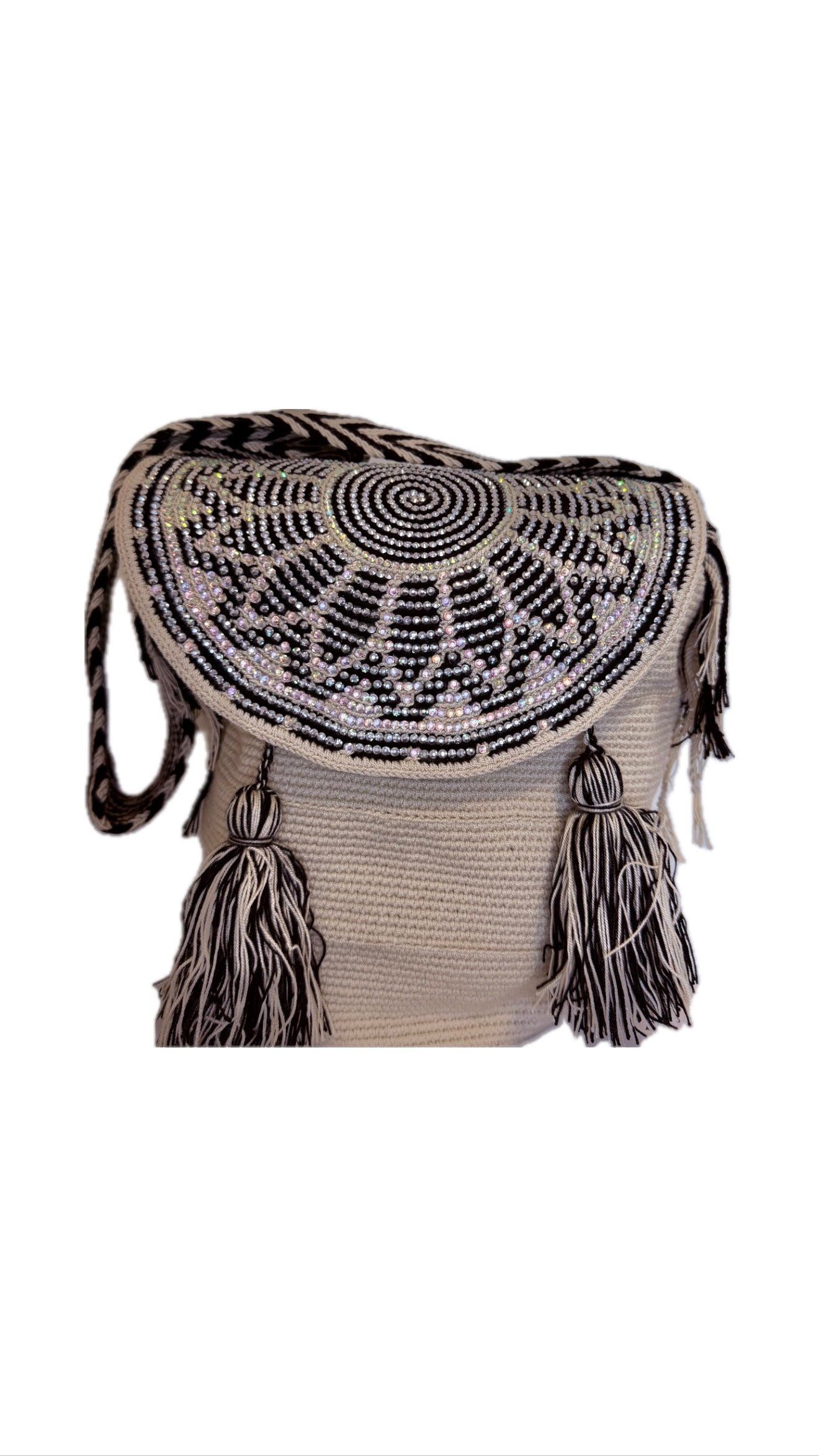 Wayuu Backpack Bag – Handwoven Boho Crossbody (Onyx Sunflower &amp; Moon Petals)