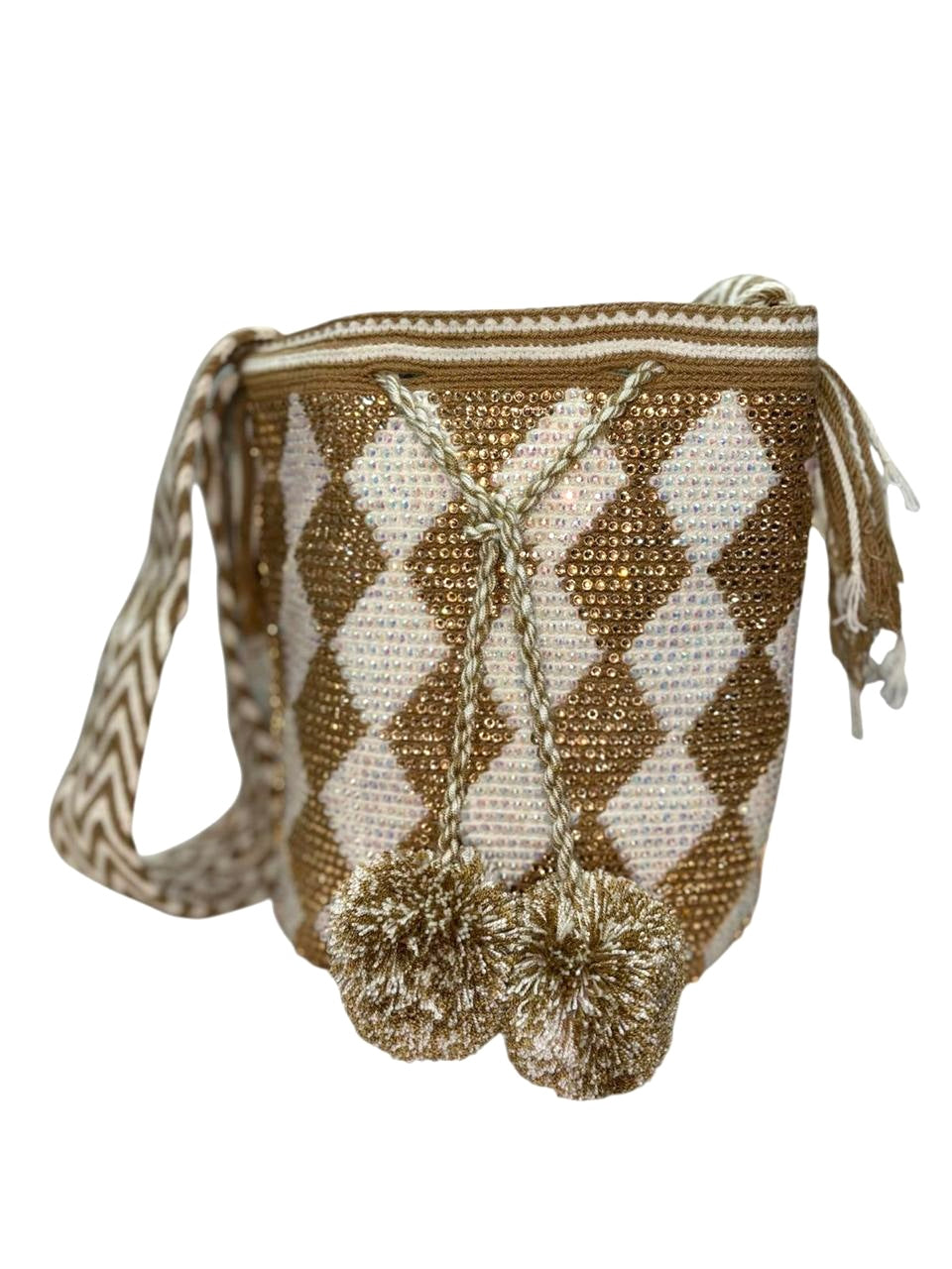 Wayuu Mochila Bag – Handwoven Boho Crossbody (Desert Gold & White Dunes)