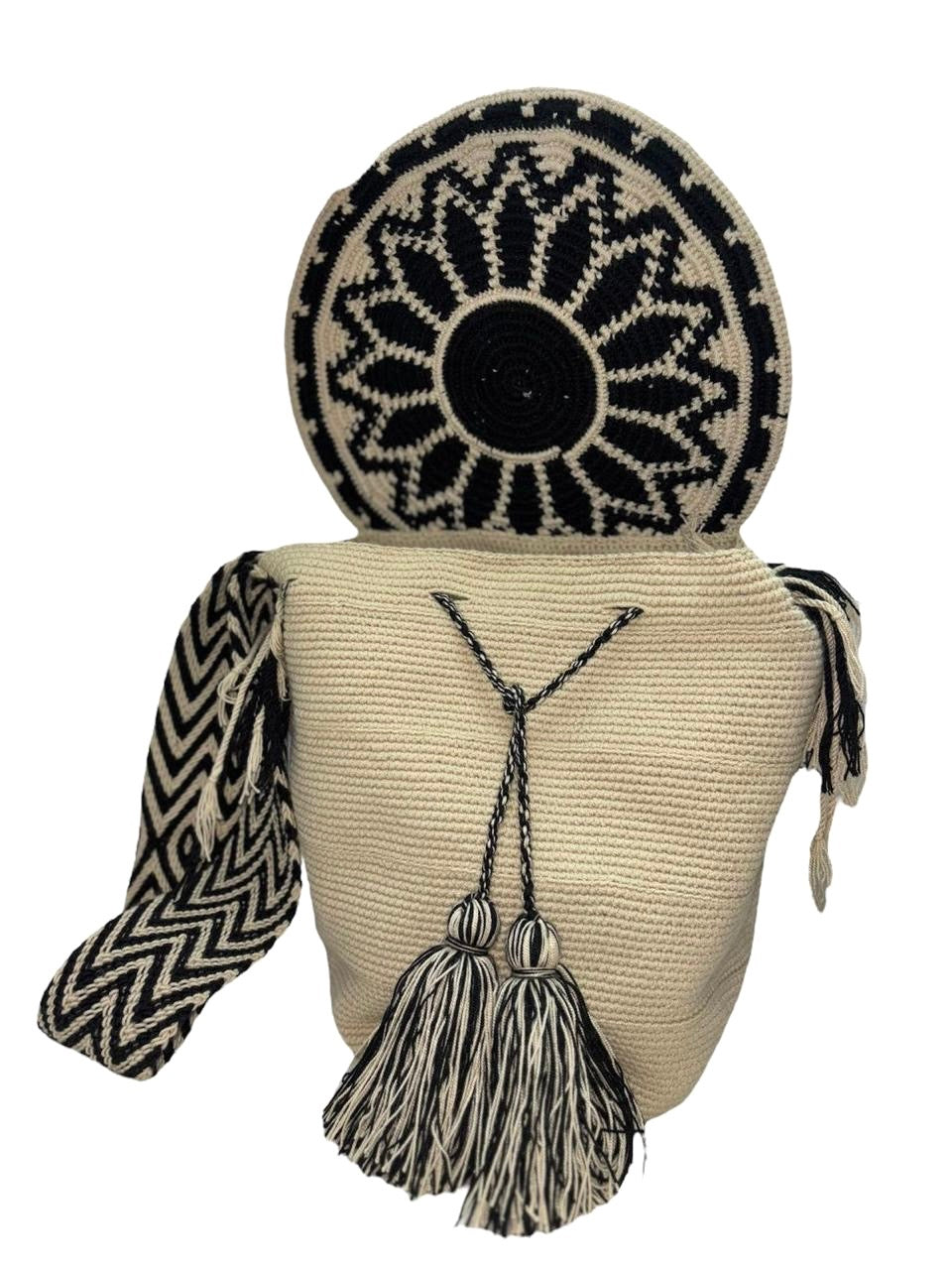 Wayuu Mochila Bag – Handwoven Boho Crossbody (Onyx Sunflower & Moon Petals)