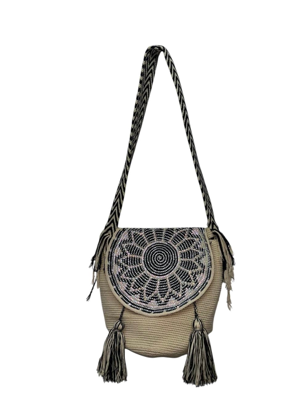 Wayuu Mochila Bag – Handwoven Boho Crossbody (Onyx Sunflower & Moon Petals)