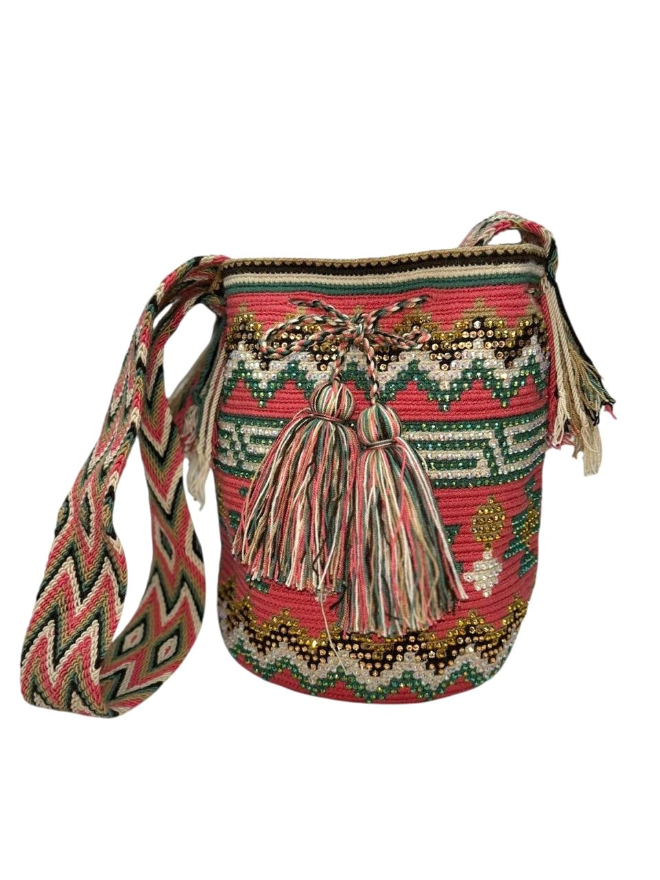 Wayuu Mochila Bag – Handwoven Boho Crossbody (Pink Dolphin & Emerald Veins)