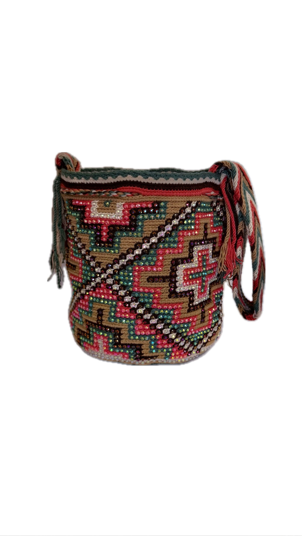Wayuu Backpack Bag – Handwoven Boho Crossbody (Coral Petals &amp; Emerald Bloom)