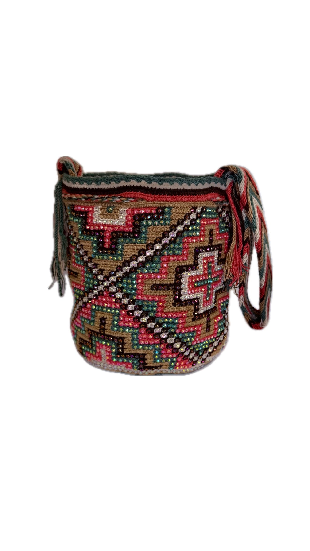 Wayuu Backpack Bag – Handwoven Boho Crossbody (Coral Petals &amp; Emerald Bloom)