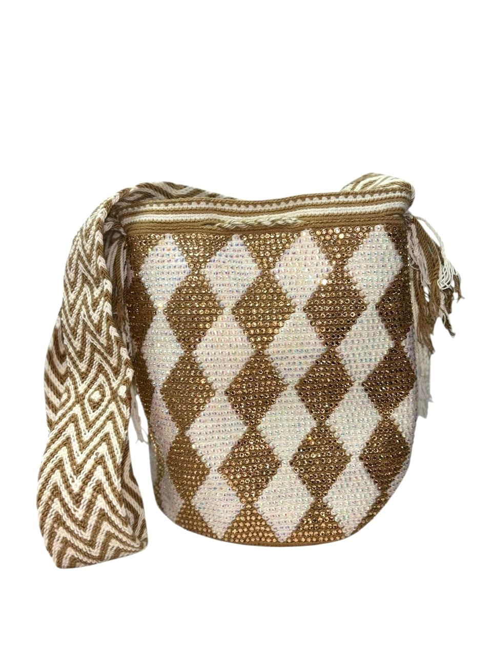 Wayuu Mochila Bag – Handwoven Boho Crossbody (Desert Gold & White Dunes)
