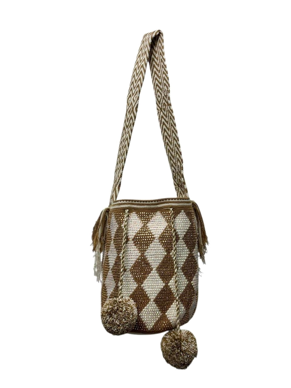 Wayuu Mochila Bag – Handwoven Boho Crossbody (Desert Gold & White Dunes)