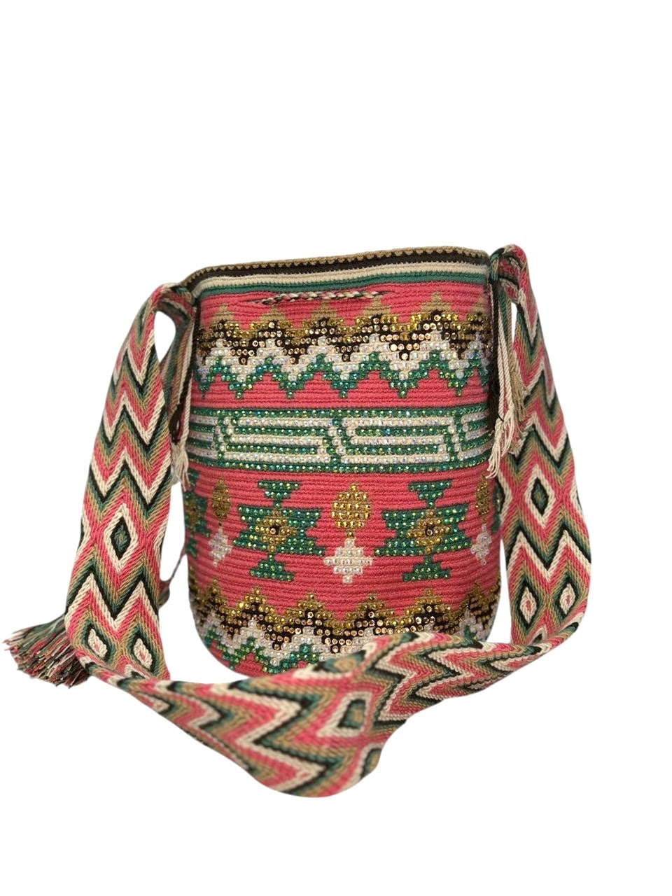 Wayuu Mochila Bag – Handwoven Boho Crossbody (Pink Dolphin & Emerald Veins)