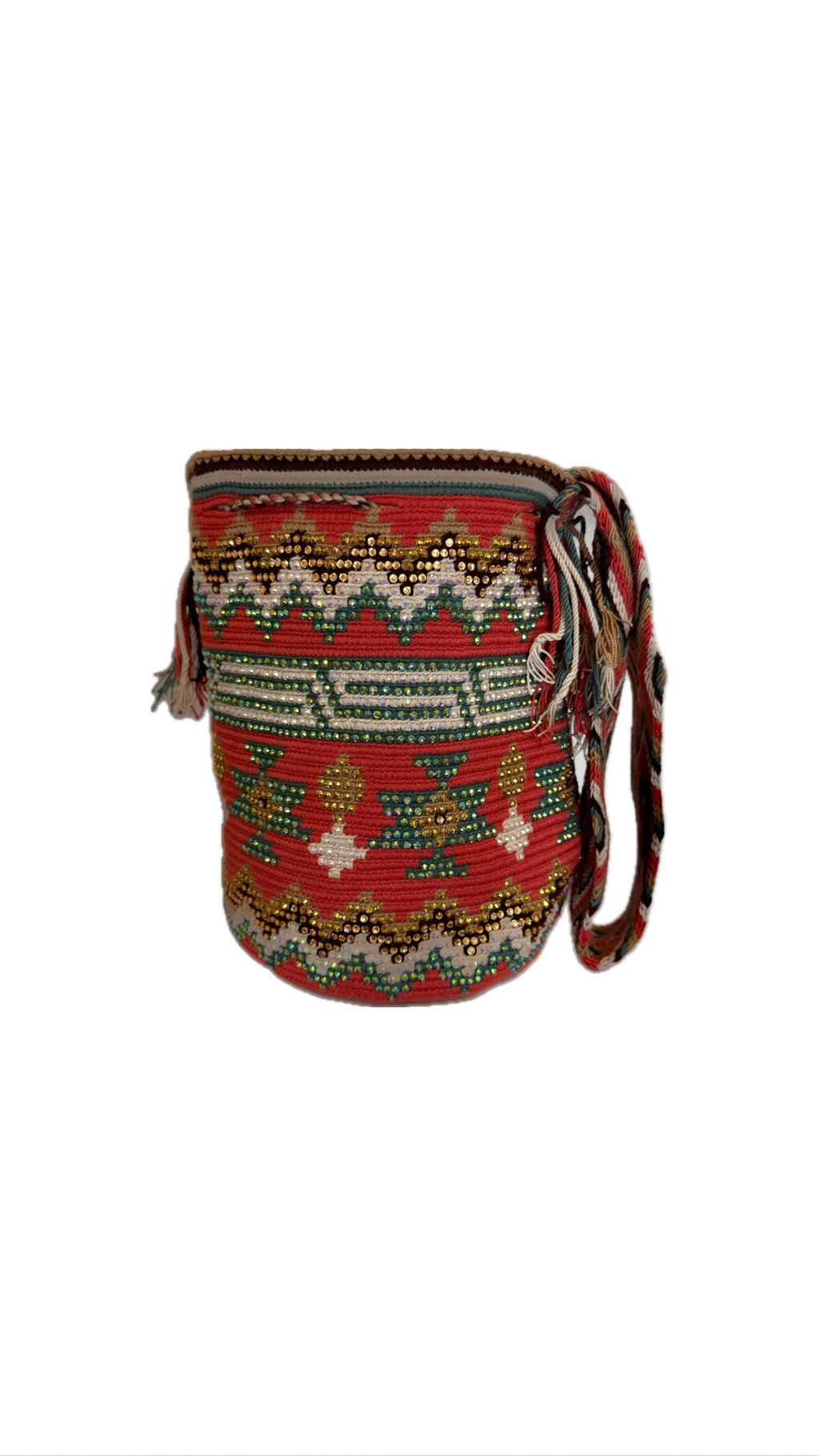 Wayuu Backpack Bag – Handwoven Boho Crossbody (Pink Dolphin &amp; Emerald Veins)