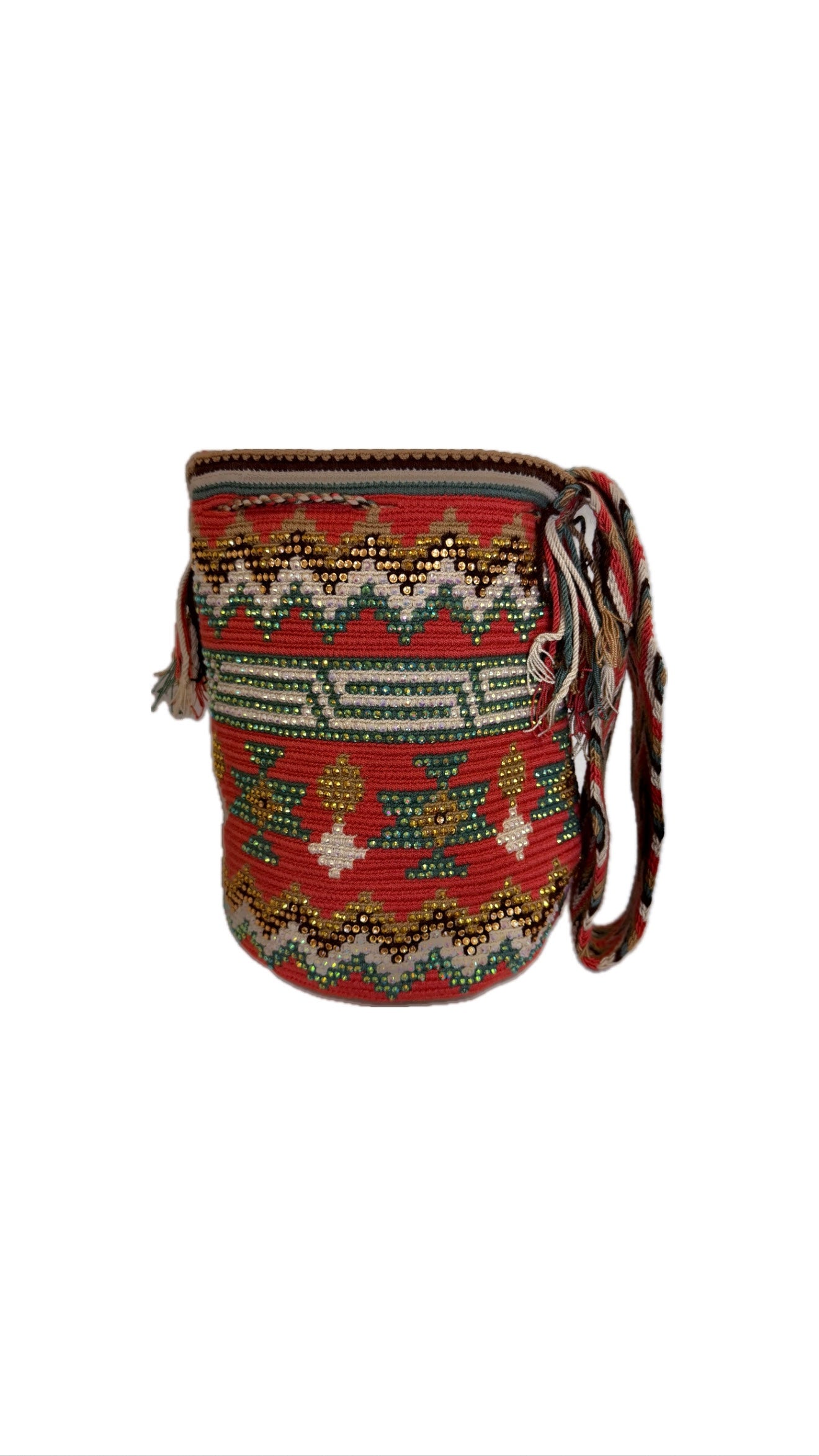 Wayuu Backpack Bag – Handwoven Boho Crossbody (Pink Dolphin &amp; Emerald Veins)