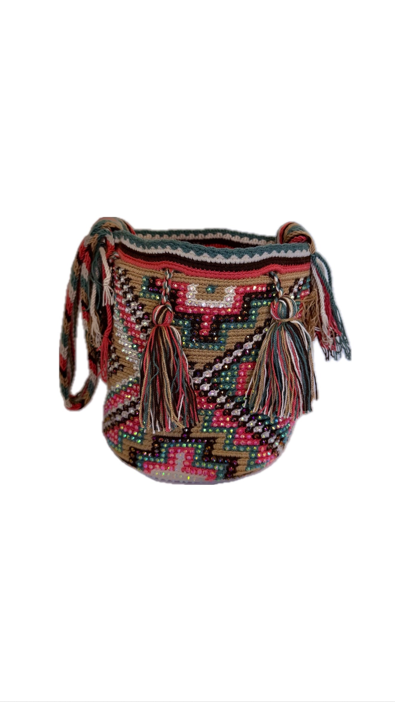 Wayuu Backpack Bag – Handwoven Boho Crossbody (Coral Petals &amp; Emerald Bloom)