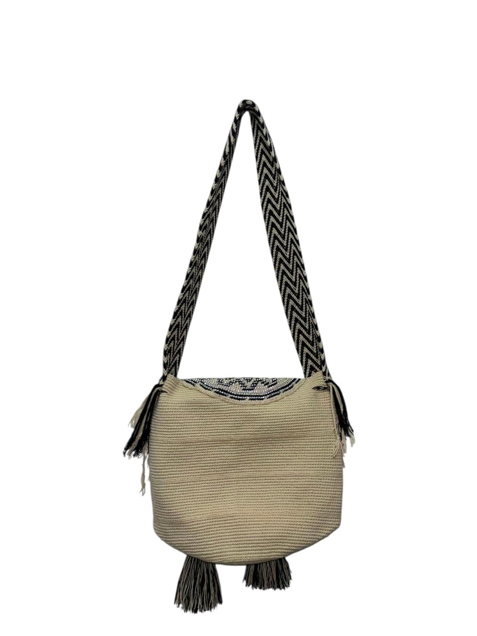 Wayuu Mochila Bag – Handwoven Boho Crossbody (Onyx Sunflower & Moon Petals)