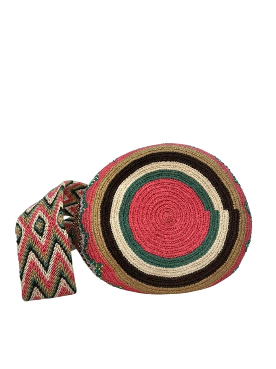 Wayuu Mochila Bag – Handwoven Boho Crossbody (Pink Dolphin & Emerald Veins)