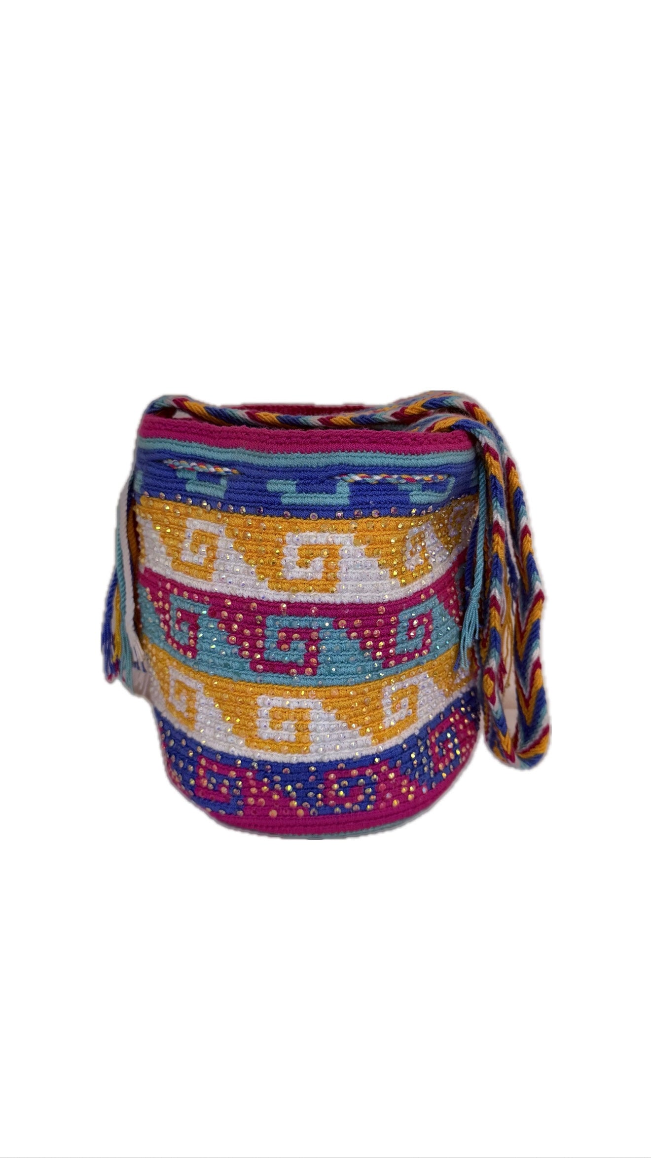 Wayuu Backpack Bag – Handwoven Boho Crossbody (Tropical Sunset &amp; Caribbean Gold)