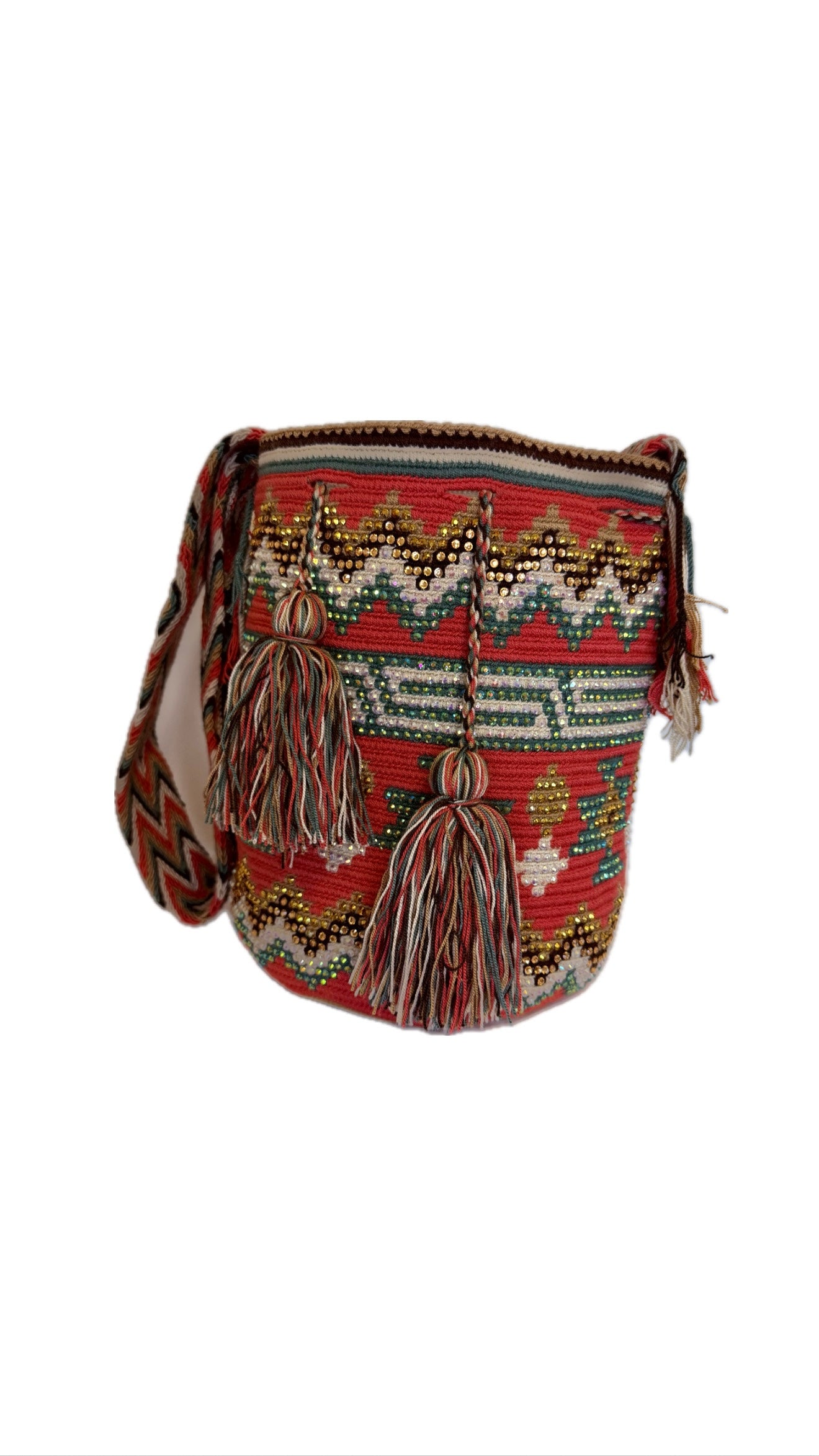 Wayuu Backpack Bag – Handwoven Boho Crossbody (Pink Dolphin &amp; Emerald Veins)