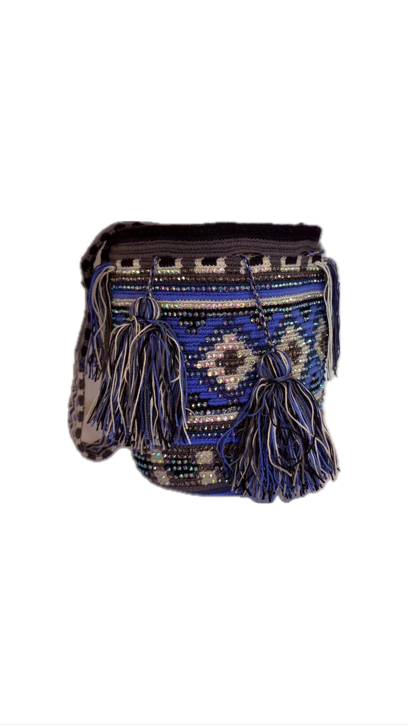 Wayuu Backpack Bag – Handwoven Boho Crossbody (Pacific Ocean &amp; Silver Ash)