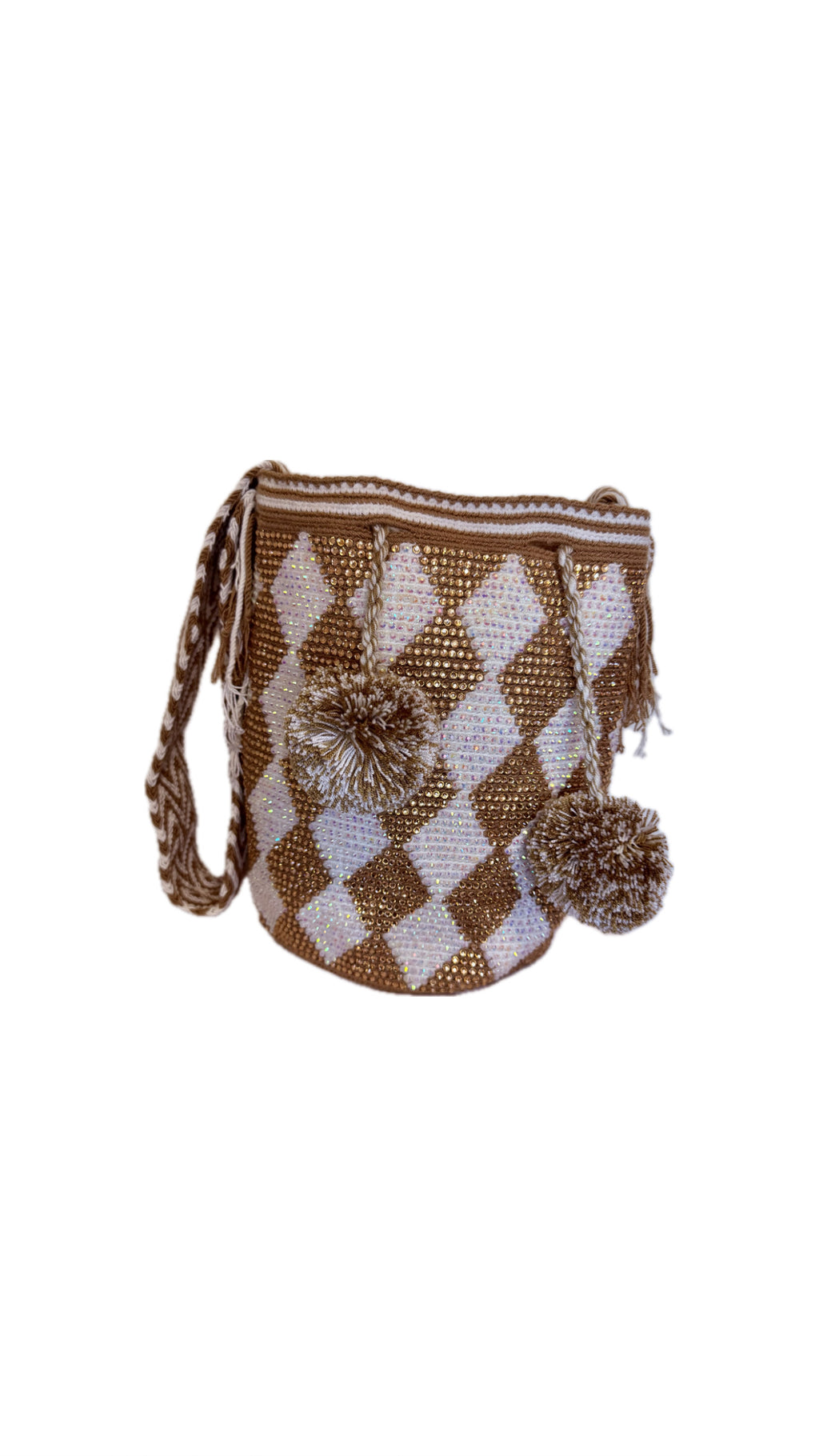 Wayuu Backpack Bag – Handwoven Boho Crossbody (Desert Gold &amp; White Dunes)