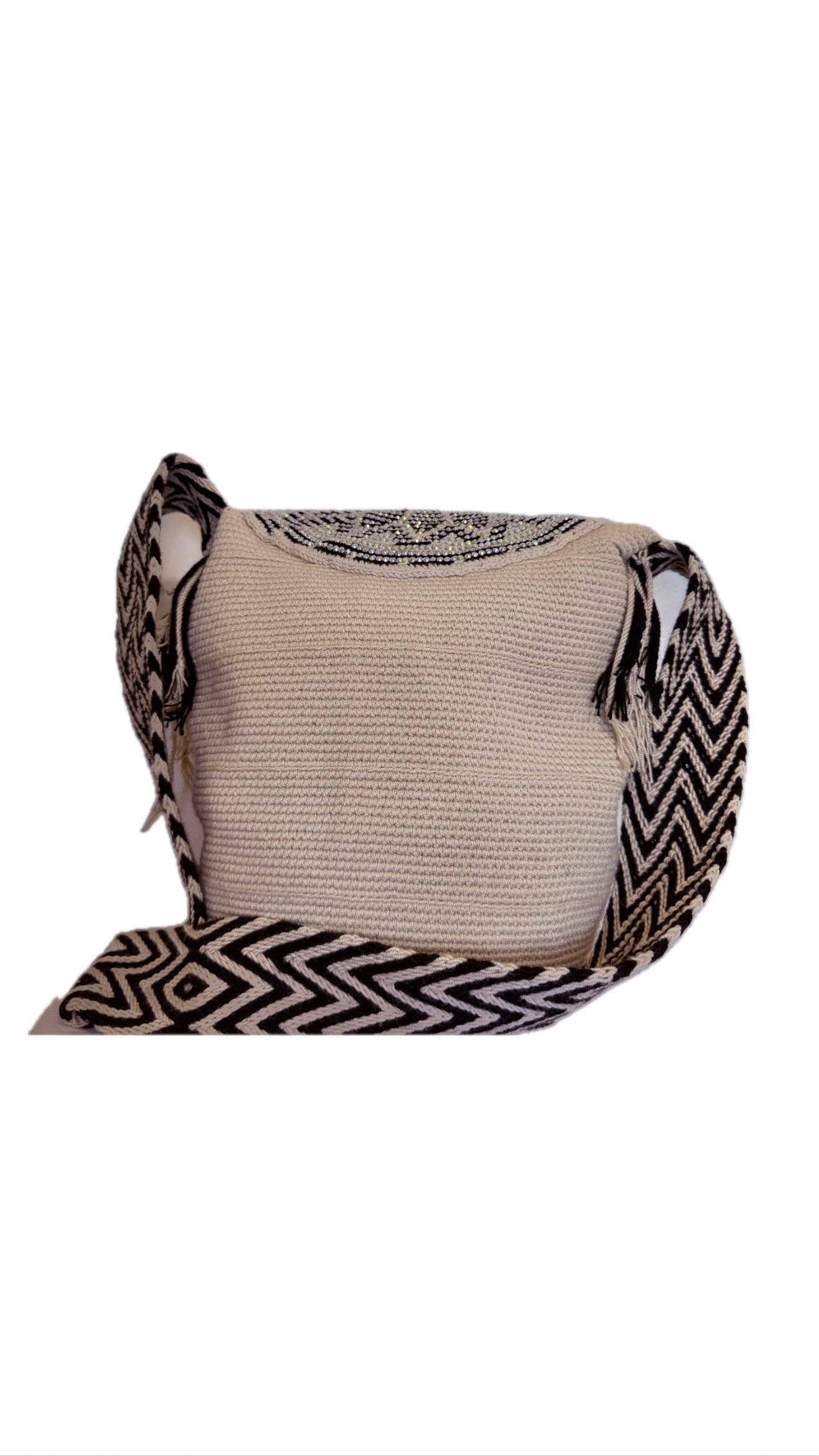 Wayuu Backpack Bag – Handwoven Boho Crossbody (Onyx Sunflower &amp; Moon Petals)