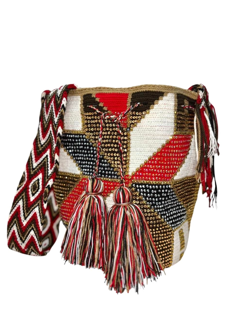 Wayuu Mochila Bag – Handwoven Boho Crossbody (Golden Star & Crimson Sky)
