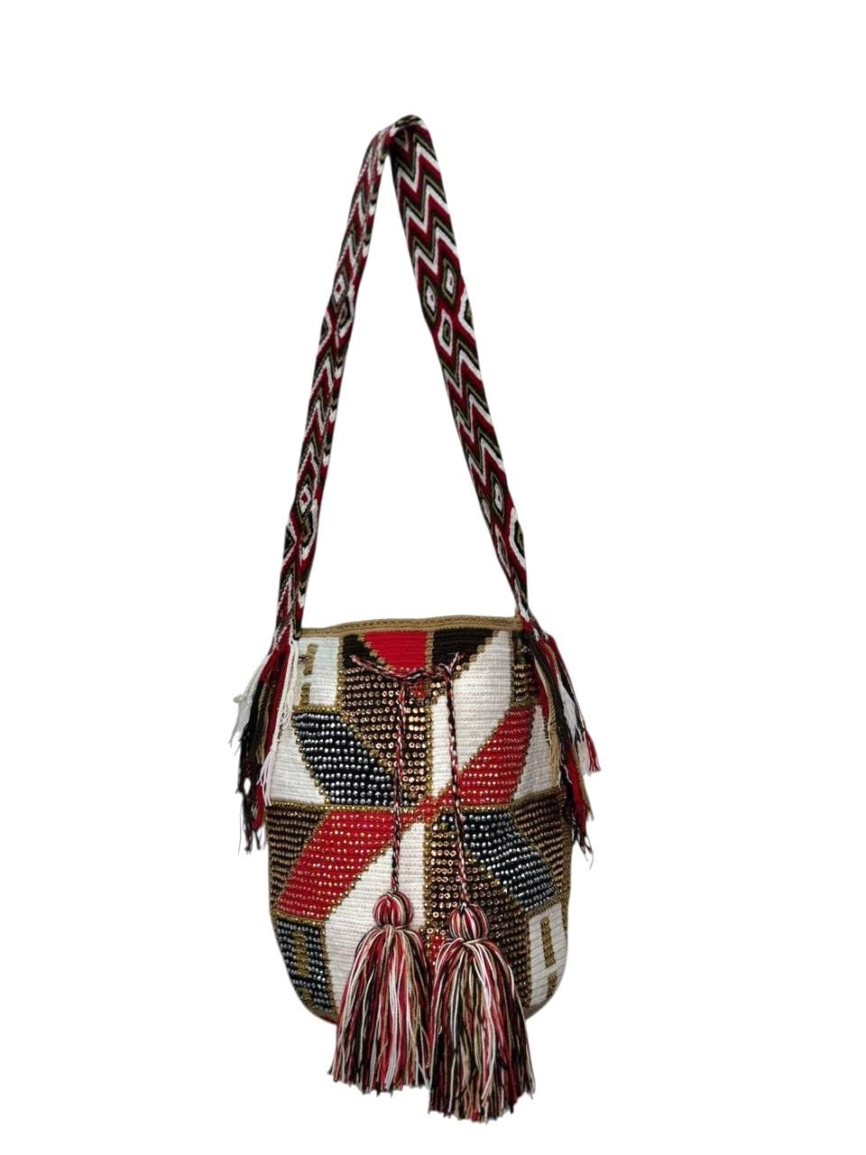 Wayuu Mochila Bag – Handwoven Boho Crossbody (Golden Star & Crimson Sky)