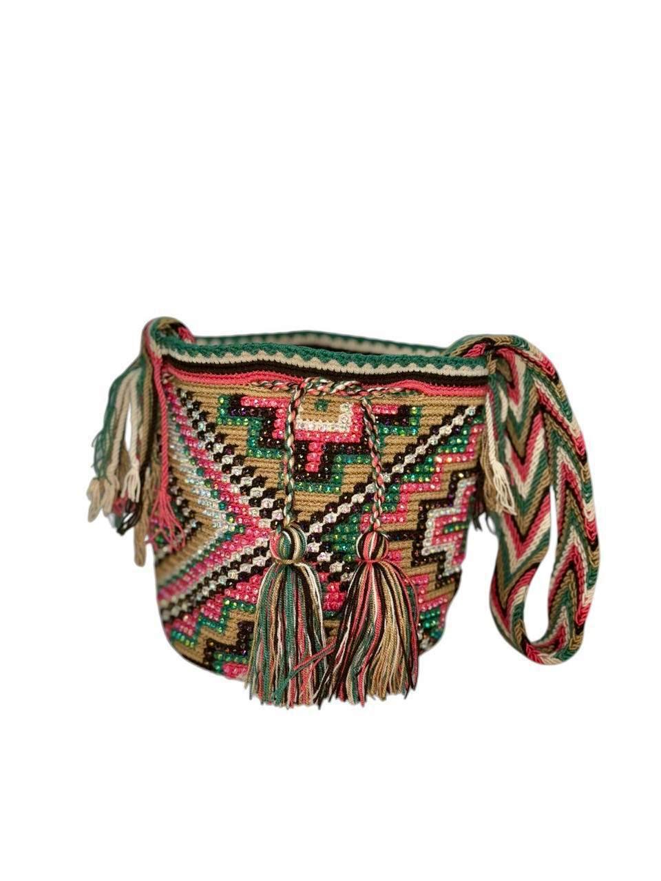 Wayuu Mochila Bag – Handwoven Boho Crossbody (Coral Petals &amp; Emerald Bloom)