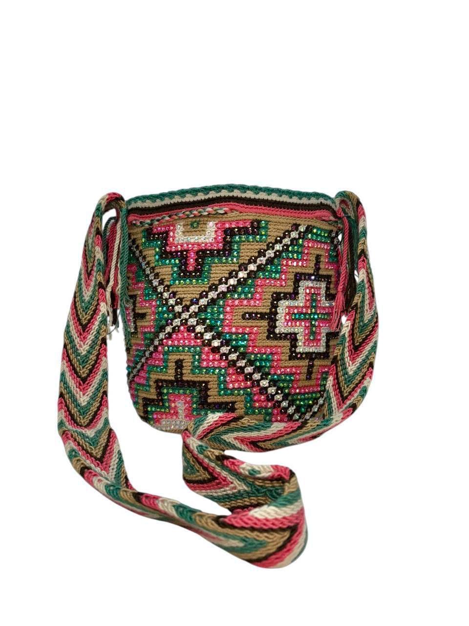 Wayuu Mochila Bag – Handwoven Boho Crossbody (Coral Petals &amp; Emerald Bloom)