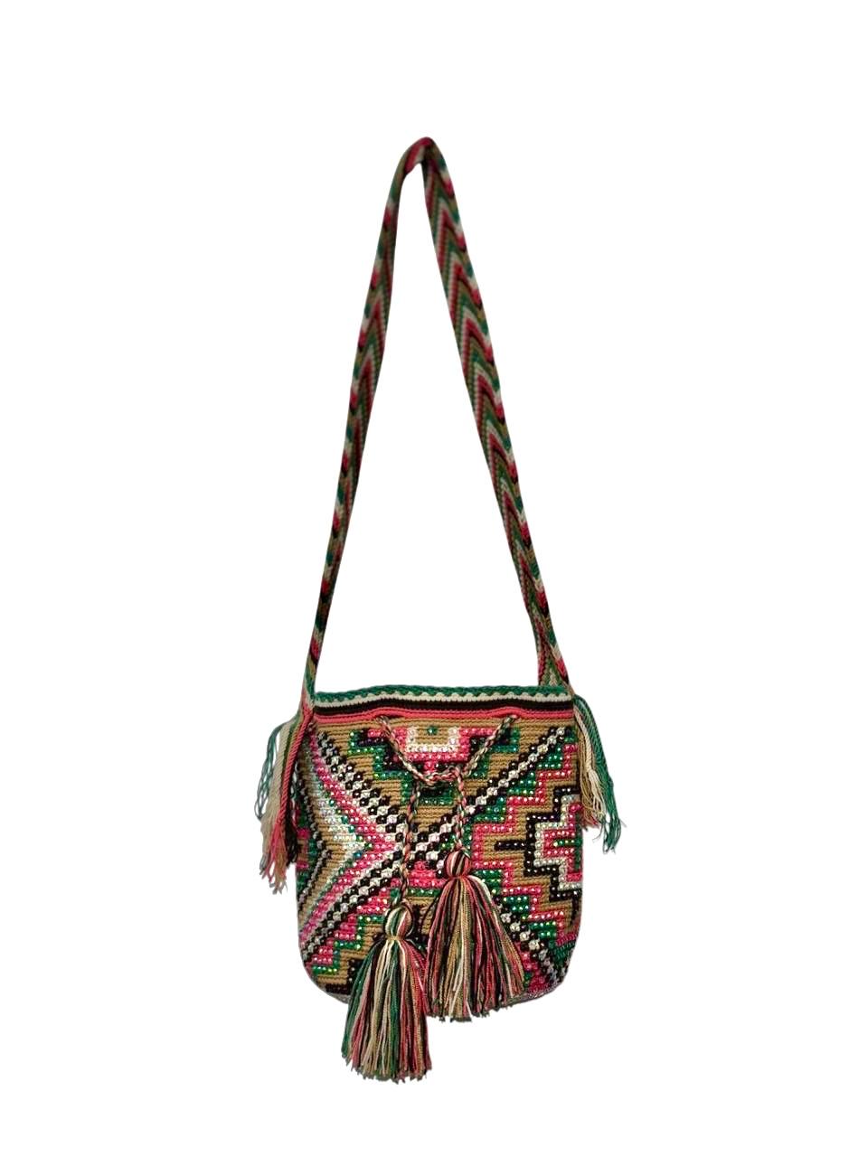 Wayuu Mochila Bag – Handwoven Boho Crossbody (Coral Petals &amp; Emerald Bloom)