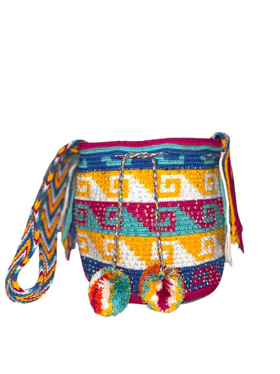 Wayuu Mochila Bag – Handwoven Boho Crossbody (Tropical Sunset & Caribbean Gold)