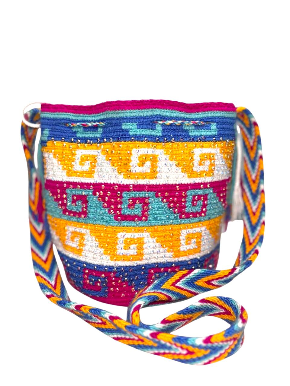 Wayuu Mochila Bag – Handwoven Boho Crossbody (Tropical Sunset & Caribbean Gold)