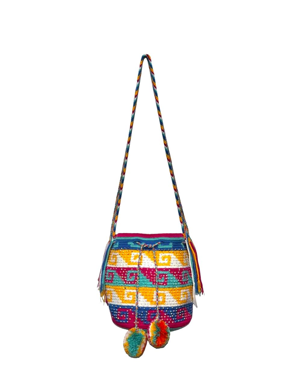 Wayuu Mochila Bag – Handwoven Boho Crossbody (Tropical Sunset & Caribbean Gold)