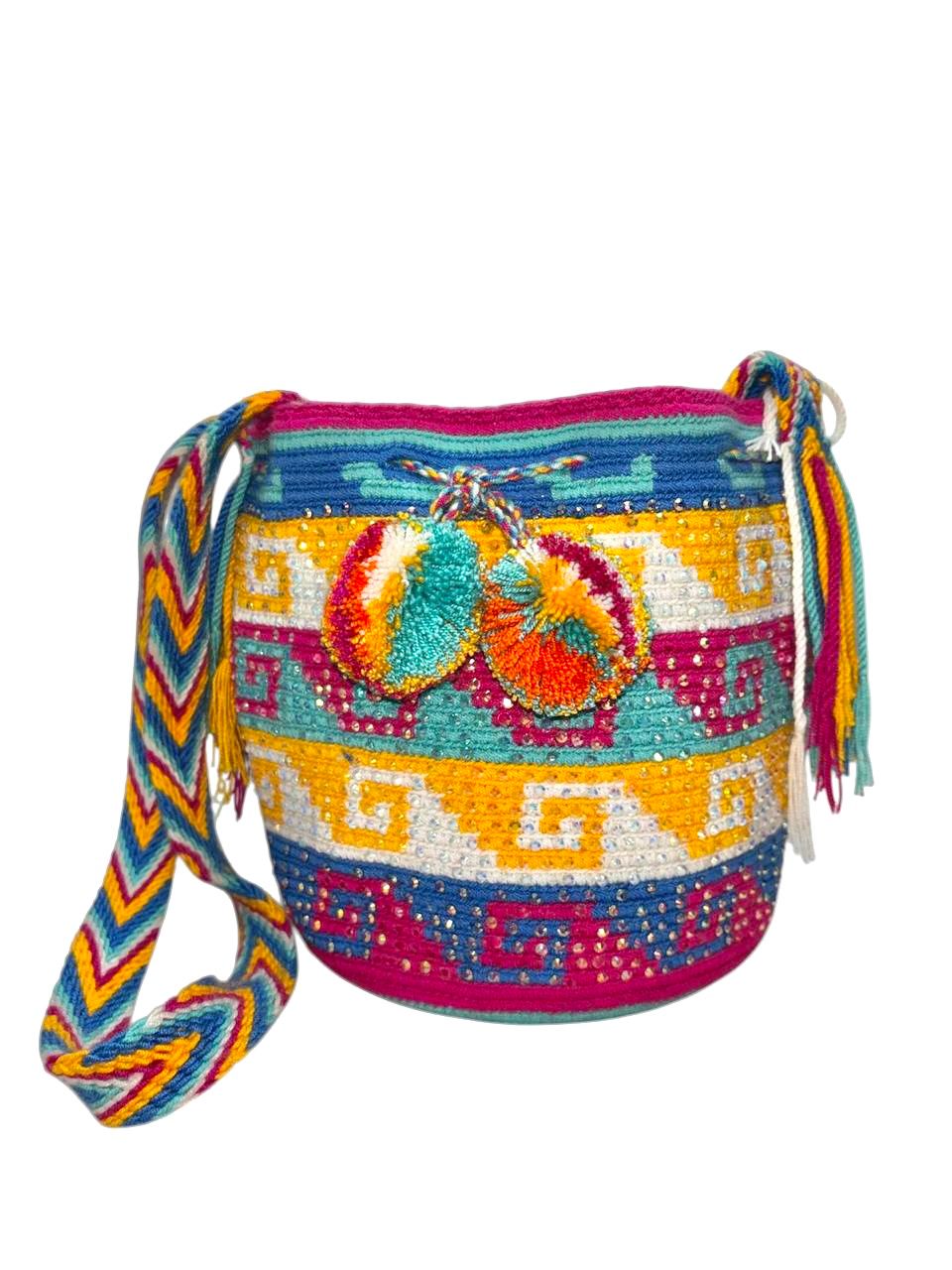 Wayuu Mochila Bag – Handwoven Boho Crossbody (Tropical Sunset & Caribbean Gold)