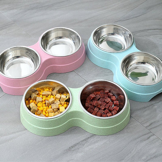 Double Pet Bowls Dog Food Water Feeder Stainless Steel Pet Drinking Dish Feeder Cat Puppy Feeding Supplies Small Dog Accessories - Aurora