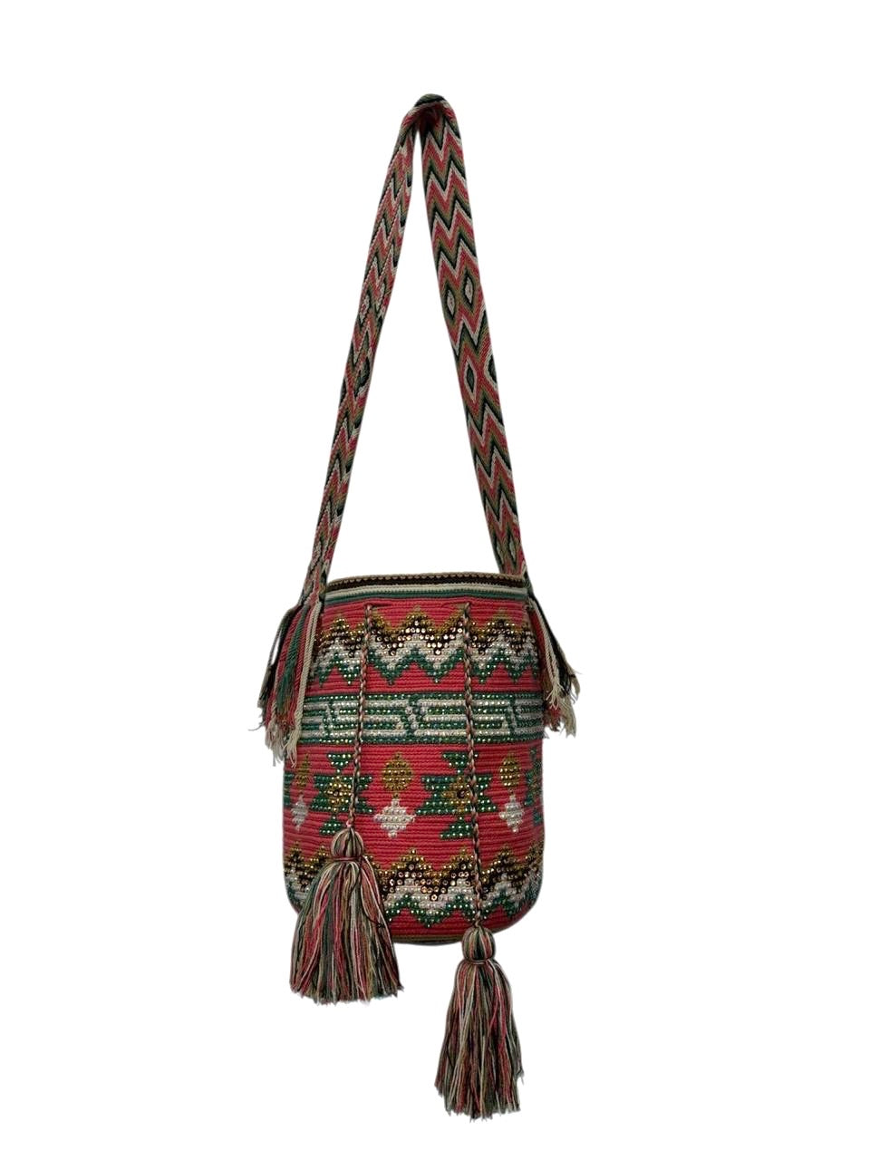 Wayuu Mochila Bag – Handwoven Boho Crossbody (Pink Dolphin & Emerald Veins)