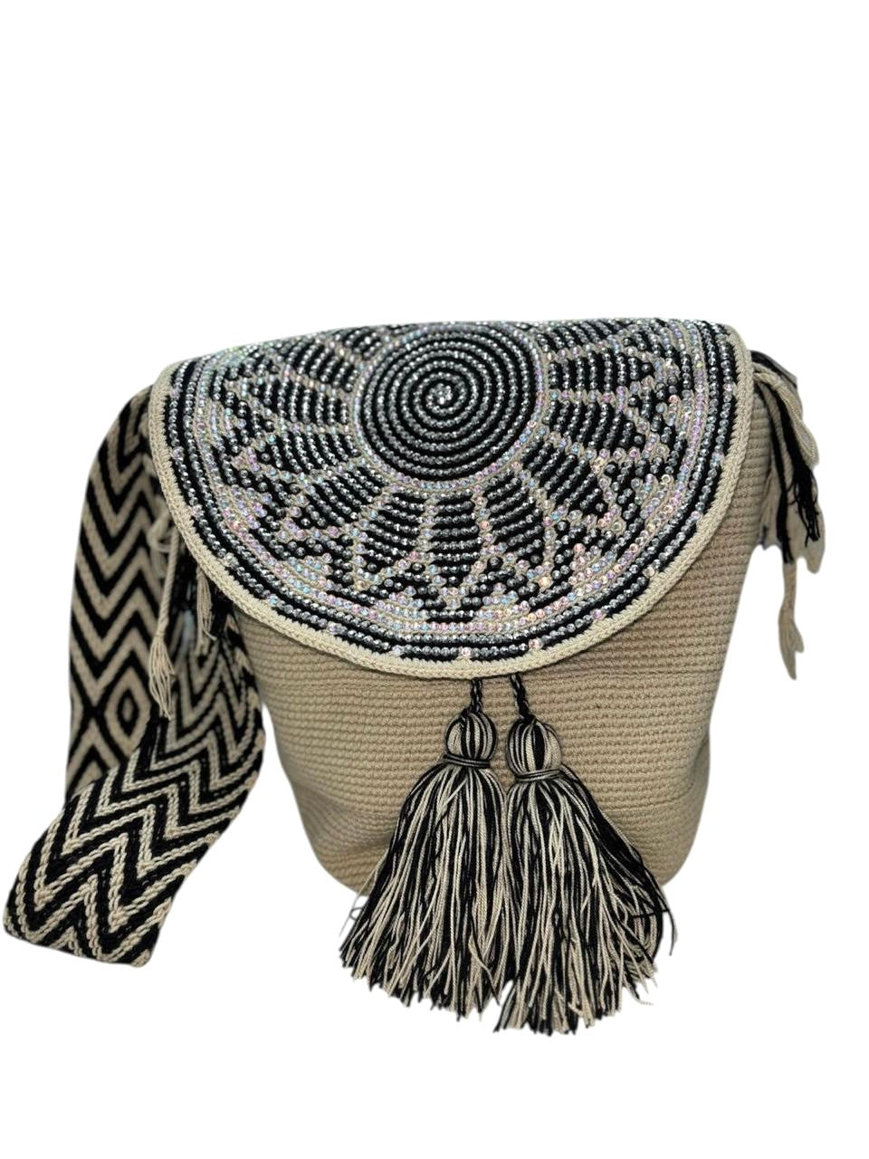 Wayuu Mochila Bag – Handwoven Boho Crossbody (Onyx Sunflower & Moon Petals)